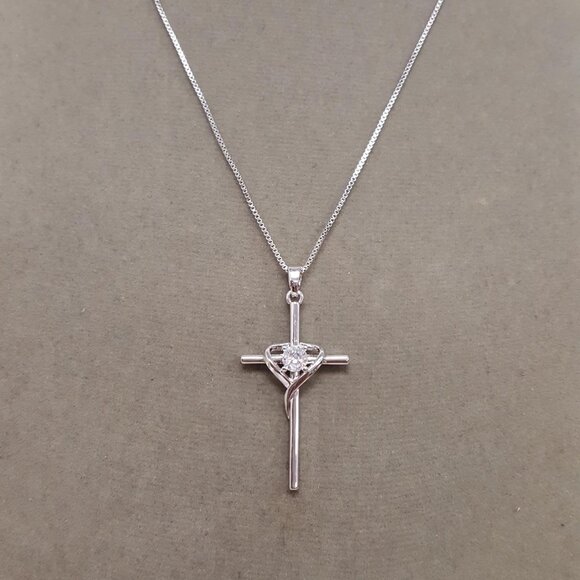 Silver Tone Chain and Cross Pendant with Heart Rhinestone Accent - Picture 2 of 3